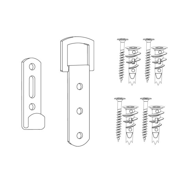 Illustration of the complete two-part mirror fixing bracket set — wall plate with oval adjustment slot and hanging lip, frame plate with arched cutout, and the hollow wall anchor screws included in the kit