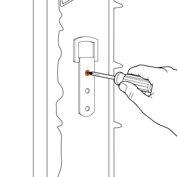 Hand using a screwdriver to fix the frame plate bracket firmly to the back edge of the mirror frame, with the terracotta-highlighted screw head indicating the active fixing point