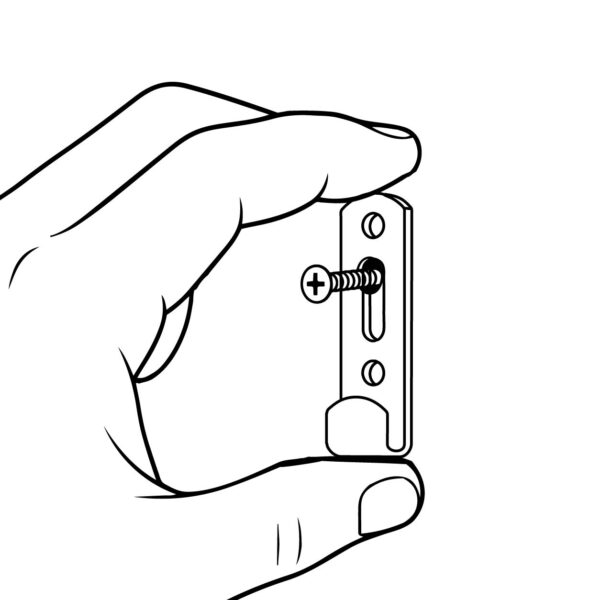 Hand holding the wall plate bracket in position against the wall with a screw partially inserted through the oval adjustment slot — left loose to allow fine up-and-down positioning before final tightening