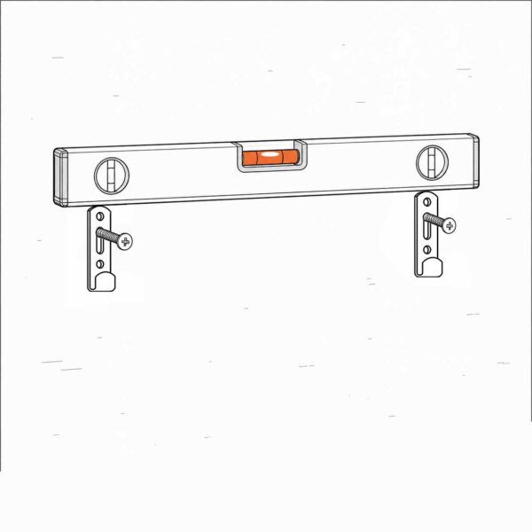 Spirit level resting across both wall plate brackets on the wall with the bubble centred, and a screwdriver about to tighten the screw — confirming both plates are perfectly level before fully securing them