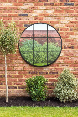 Matt Black Nine-Panel Windowpane Round Wall Mirror - 100x100cm - Exmouth View1