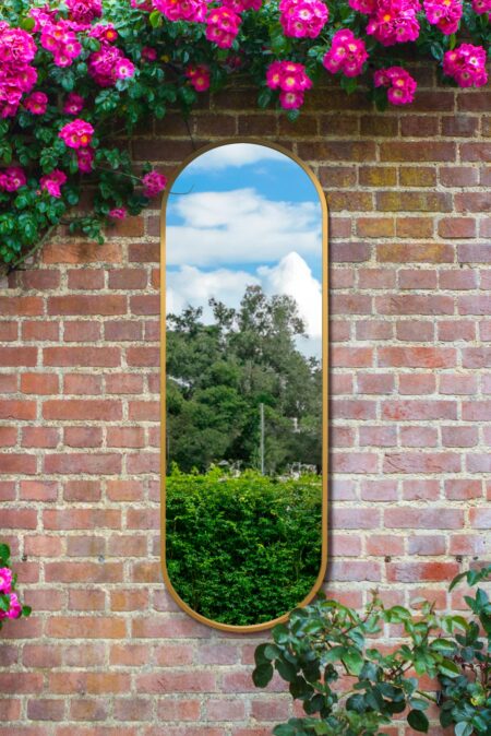 Gold pill mirror full length style hung on a rustic brick wall outdoors with climbing pink roses