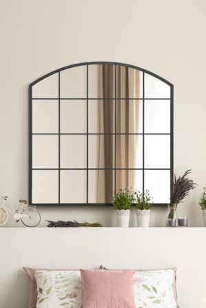 Arched Black Steel Grid Window Mirror - 100x100cm - Barrington View2