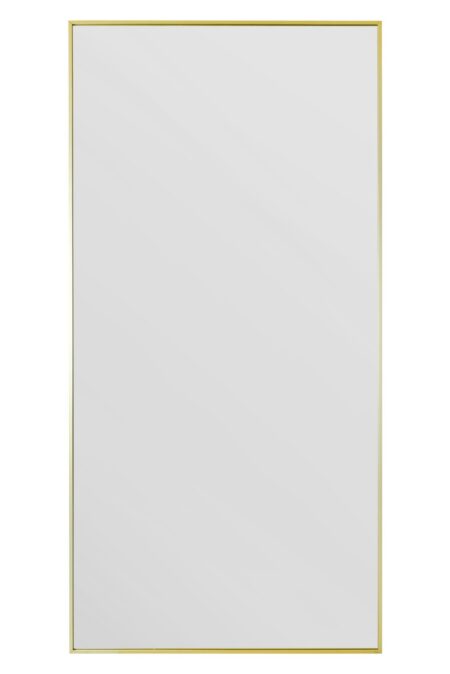 Front view of a tall rectangular mirror with a slim polished gold aluminium frame