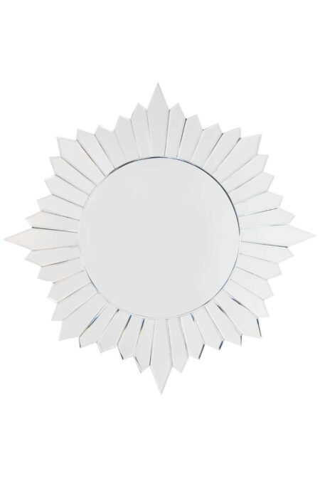 Round bevelled sunburst wall mirror shown flat against a white background