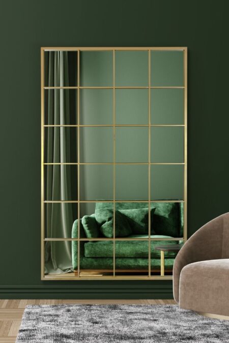 Large Gold Window Mirror with Grid Pane Design – lifestyle room setting