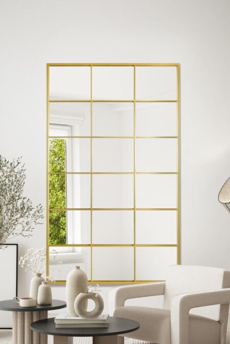 Extra Large Gold Wall Mirror with Window Pane Frame – lifestyle room setting