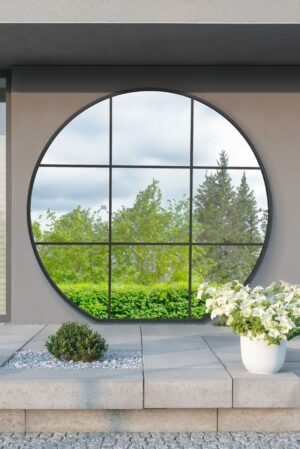 Weatherproof Satin-Black Flat-Base Round Windowpane Grid Mirror - 180x190cm - Tavistarc View1