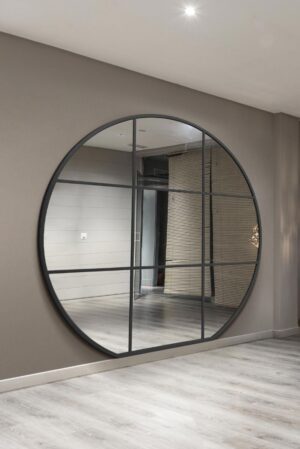 Weatherproof Satin-Black Flat-Base Round Windowpane Grid Mirror - 180x190cm - Tavistarc View2