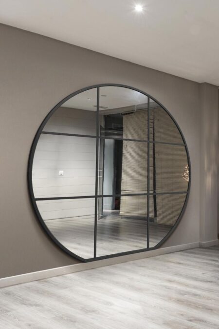 Large Cross Pattern Grid Mirror – 180 × 190 cm Black Round – lifestyle room setting