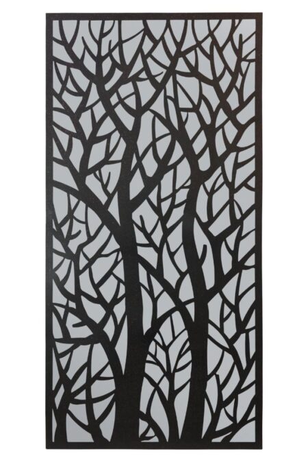 black tree design mirror hung on a whitewashed brick garden wall