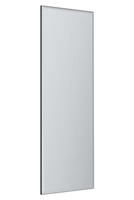 Front view of a frameless rectangular bevelled mirror on a white background